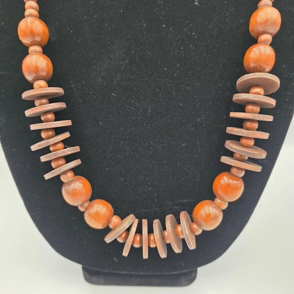 Wood Beaded Necklace Natural Wood 14.5